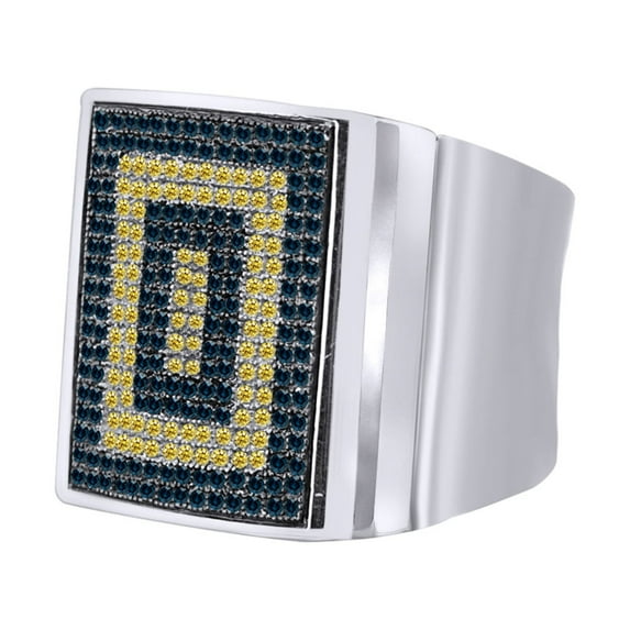 AFFY 0.76 Carat Round Yellow & Blue Natural Diamond Men's Anniversary Ring 14K White Gold Over Sterling Silver Ring Size-11.5