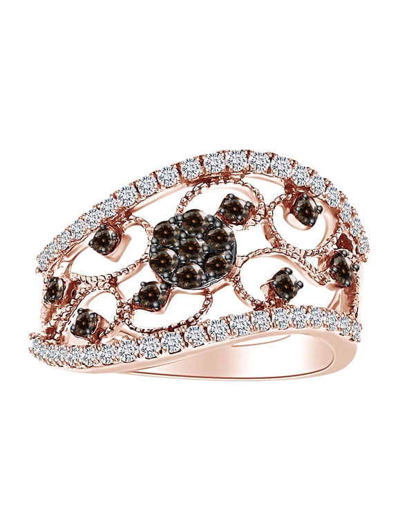 0.85 Cttw Round Brown & White Natural Diamond Textured Designer Flower Ring 10K Solid Rose Gold-Ring Size-6.5