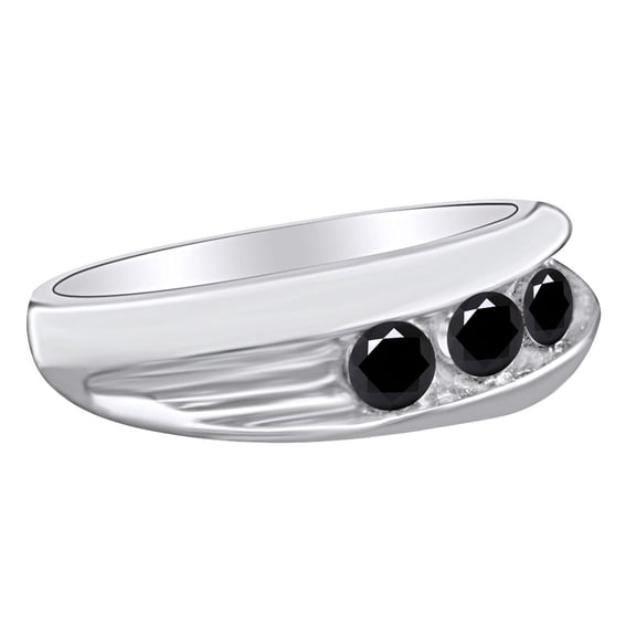 AFFY 0.96 Carat Round Shape Black Natural Diamond Men's Three Stone Wedding Band Ring 925 Sterling Silver Ring Size-9