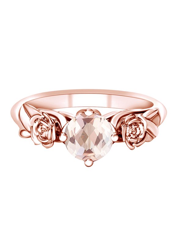 1.00 Carat Round Shape Simulated Pink Morganite Rose and Leaf Engagement Ring 14k Solid Rose Gold Ring Size-8