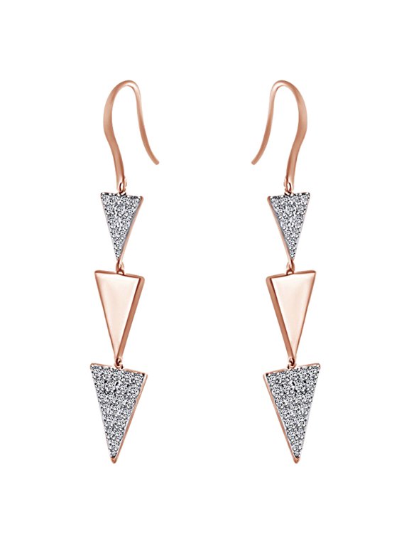 1.08 Cttw Round White Natural Diamond Triangle Dangle Earrings In 18K Solid Rose Gold