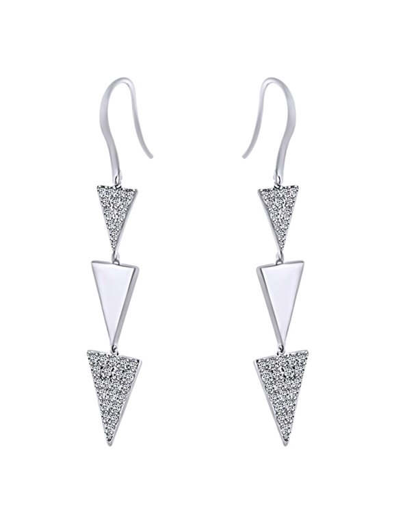 1.08 Cttw Round White Natural Diamond Triangle Dangle Earrings In 18K Solid White Gold
