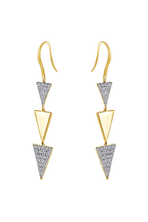 1.08 Cttw Round White Natural Diamond Triangle Dangle Earrings In 18K Solid Yellow Gold