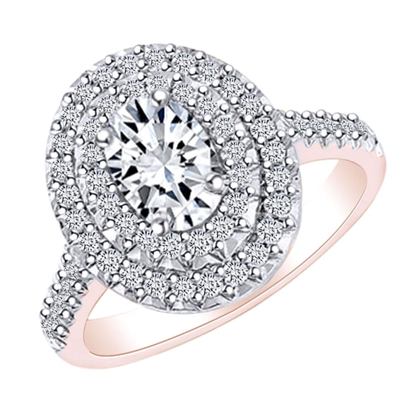 AFFY 1 1/2 Carat Oval & Round White Natural Diamond Double Halo Engagement Ring In 14k Solid Rose Gold (1.5 Cttw) Ring Size-8.5