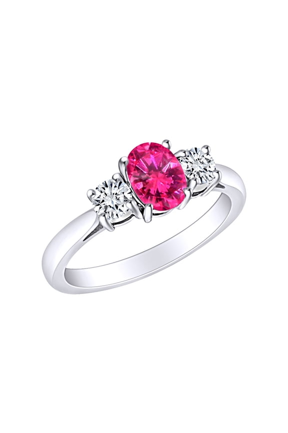 1 1/3 Carat Simulated Ruby & White Natural Diamond Three Stone Engagement Ring 14k Solid White Gold (1.33 Cttw) Ring Size-6.5