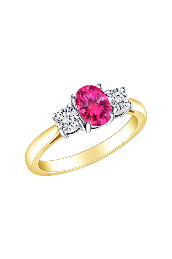 1 1/3 Carat Simulated Ruby & White Natural Diamond Three Stone Engagement Ring 14k Solid Yellow Gold (1.33 Cttw) Ring Size-7.5
