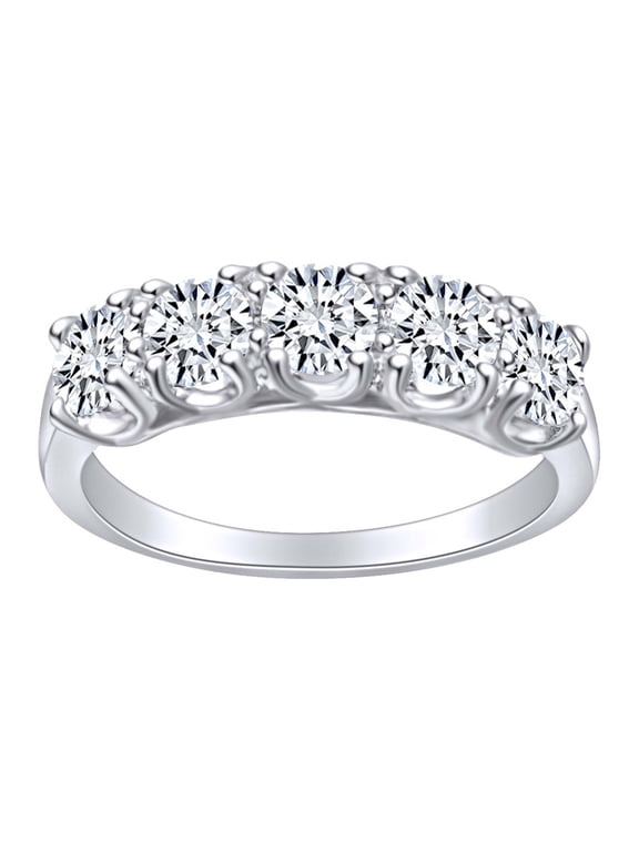 1 1/4 Carat Round Cut White Natural Diamond Five Stone Wedding Bnad Ring In 14k Solid White Gold (1.25 Cttw) Ring Size-5