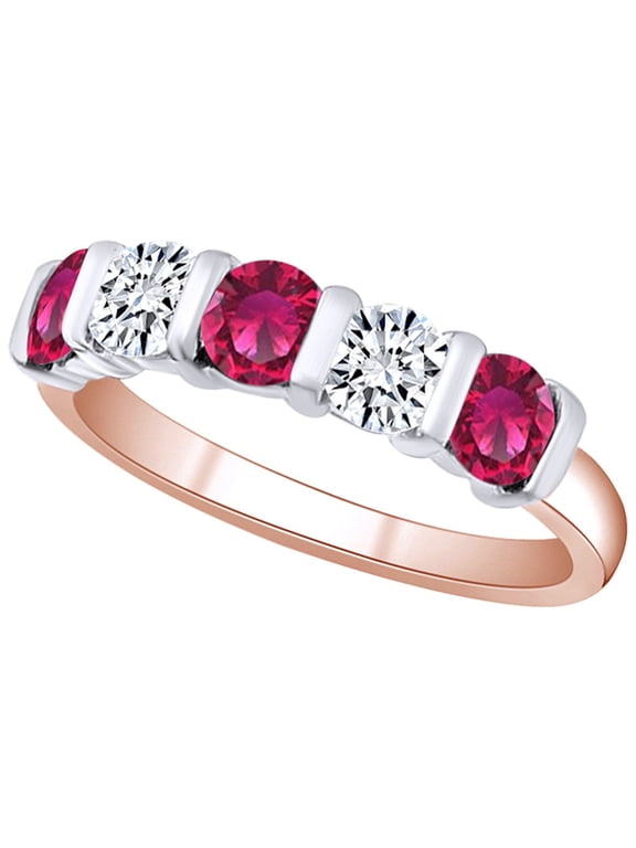 1 1/5 Carat Simulated Ruby & White Natural Diamond Eternity Wedding Band Ring 14k Solid Rose Gold (1.20 Cttw) Ring Size-8.5