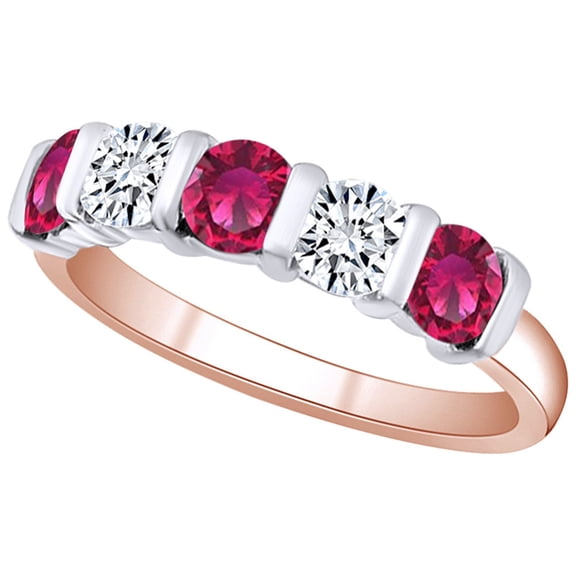 AFFY 1 1/5 Carat Simulated Ruby & White Natural Diamond Eternity Wedding Band Ring 14k Solid Rose Gold (1.20 Cttw) Ring Size-8