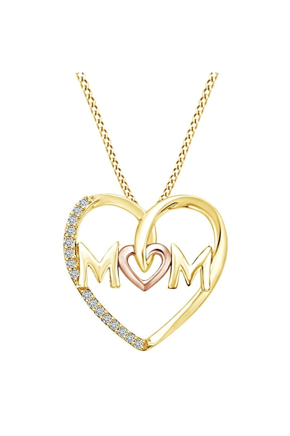 1/10 CT Diamond Two-Tone MOM Heart Pendant Necklace 14k Yellow Gold Over 925