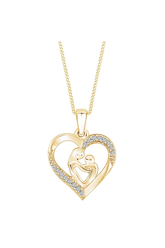 1/10 Carat Round White Natural Diamond Mom Heart Pendant Necklaces In 10K Solid Yellow Gold (I-J Color , I2-I3 Clarity ,0.10 Cttw)