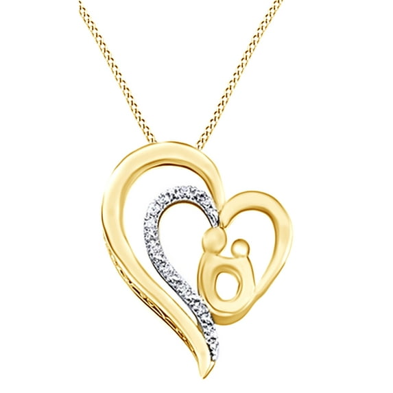 AFFY 1/10 Ct Natural Diamond Mother Heart Pendant Necklace in 14k Yellow Gold Over Sterling Silver