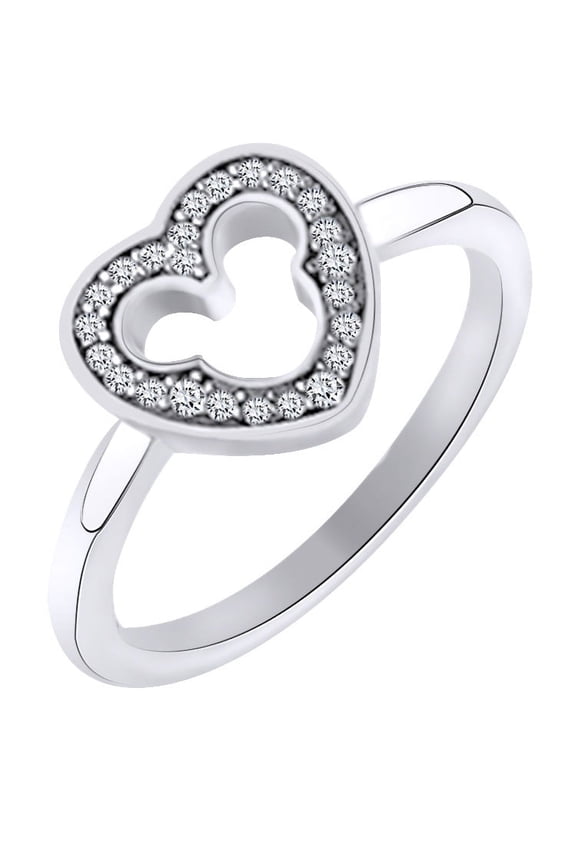 1/10 Cttw Round Cut White Natural Diamond Micky Mouse Heart Promise Ring In 14K White Gold Over Sterling Silver, Ring Size:4