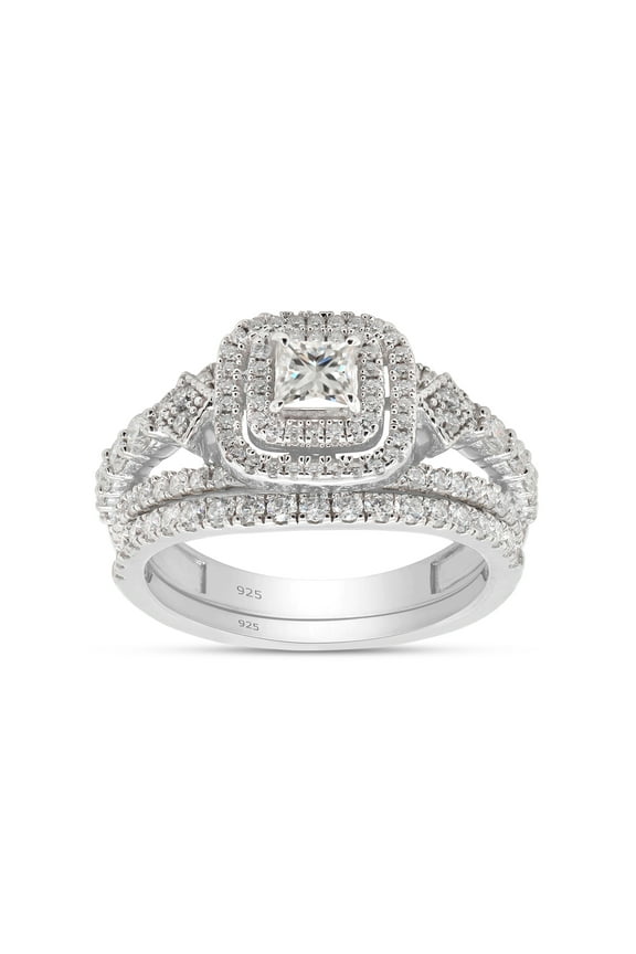 1.10CT Princess & Round Moissanite Halo Engagement Bridal Ring Set 14K White Gold over Silver-9.5