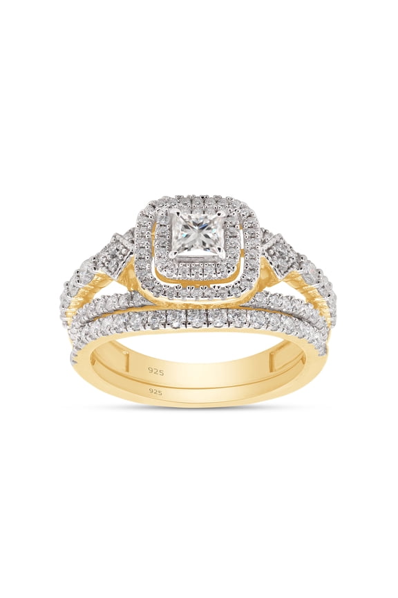 1.10CT Princess & Round Moissanite Halo Engagement Bridal Ring Set 14K Yellow Gold over Silver-4.5