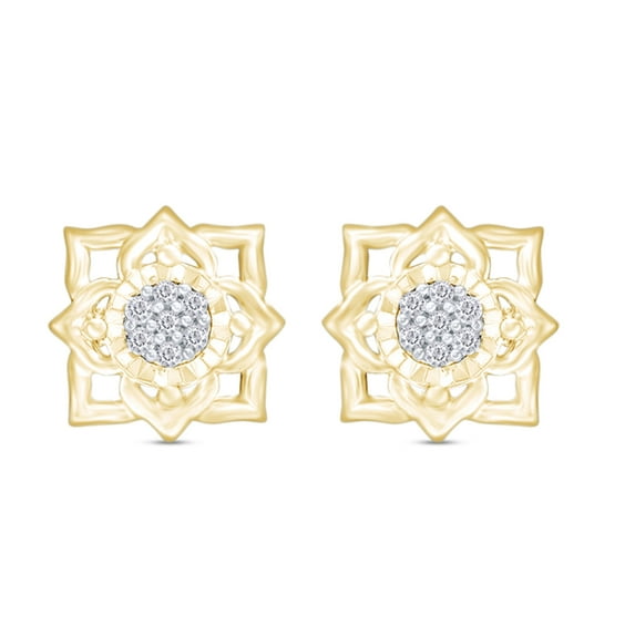 AFFY 1/15 CT. T.W. Round Cut Natural White Diamond Lotus Flower Stud Earrings In 14K Yellow Gold Over Sterling Silver (0.06 Cttw, I2-I3 Clarity)