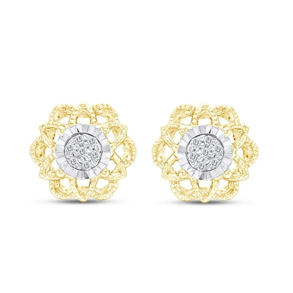 AFFY 1/15 Carat Round Cut Natural White Diamond Flower Vintage-Style Stud Earrings In 14K Yellow Gold Over Sterling Silver (0.06 Cttw, I2-I3 Clarity)