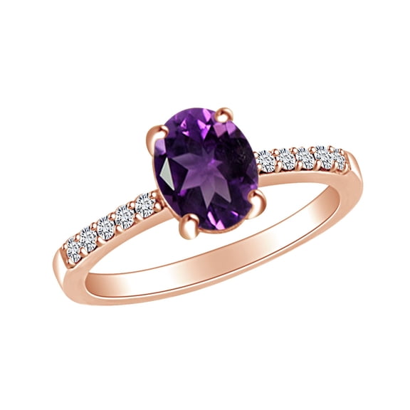AFFY 1.17 Carat (Ctw) Simulated Amethyst & White Natural Diamond Solitaire Engagement Ring In 14k Solid Rose Gold Ring Size-5