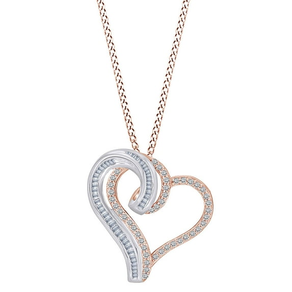 AFFY 1/2 CT Baguette/Round White Natural Diamond Two Tone Swirl Heart Pendant Necklace 14k Rose Gold Over Sterling Silver 18" Chain (I-J Color, I2-I3 Clarity, 0.50 CT)