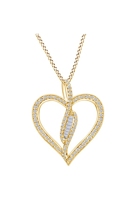 1/2 CT Round/Baguette White Natural Diamond Bypass Heart Pendant Necklace 14k Yellow Gold Over Sterling Silver with 18" Chain (I-J Color, I2-I3 Clarity, 0.50 Cttw)