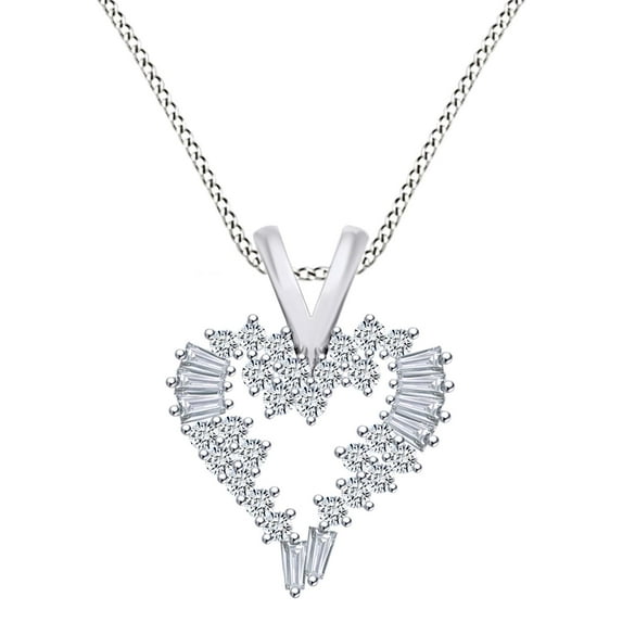 AFFY 1/2 Carat Baguette & Round Cut White Natural Diamond Cluster Heart Pendant Necklace In 14K White Gold Over Sterling Silver 18" Chain (I-J Color, I2-I3 Clarity, 0.50 Cttw)