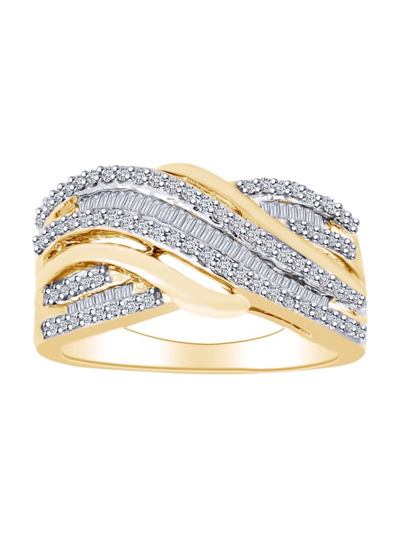 1/2 Carat Baguette & Round Shape White Natural Diamond Crossover Band Ring In 10K Solid Yellow Gold (0.50 Cttw)-Ring Size-10