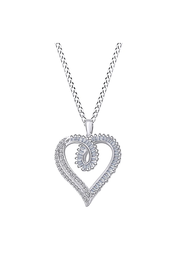 1/2 Carat Baguette/Round White Natural Diamond Loop Heart Pendant Necklace 14k White Gold Over Sterling Silver 18" Chain (I-J Color, I2-I3 Clarity, 0.50 CT)