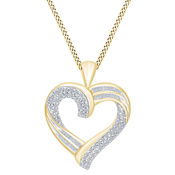 AFFY 1/2 Carat Round/Baguette White Natural Diamond Swirl Heart Pendant Necklace 14k Yellow Gold Over Sterling Silver with 18" Chain (I-J Color, I2-I3 Clarity, 0.50 Cttw)
