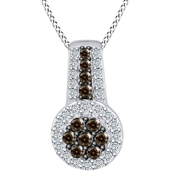 AFFY 1/2 Carat Round Brown & White Natural Diamond Halo Solitaire Pendant Necklace 10k Solid White Gold (0.50 Cttw)