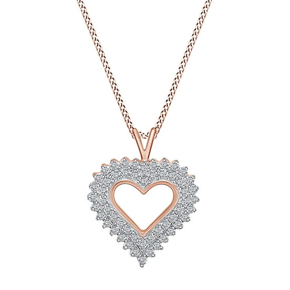 AFFY 1/2 Carat Round White Natural Diamond Double Row Heart Pendant Necklace 10k Solid Rose Gold with 18" Chain (I-J Color, I2-I3 Clarity, 0.50 Cttw)