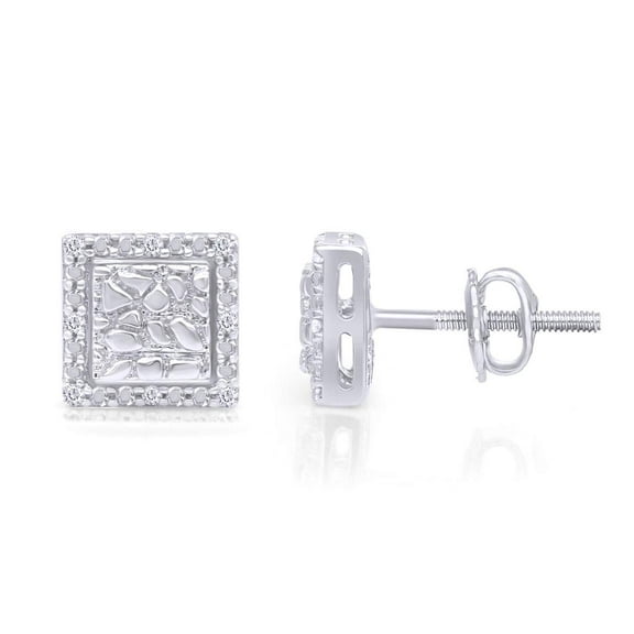 AFFY 1/20 Ctw Round Lab Created Moissanite Square Shape Nugget Mens Stud Earring in 10k Solid White Gold (0.05 cttw) Screw Back Earrings gift for mens