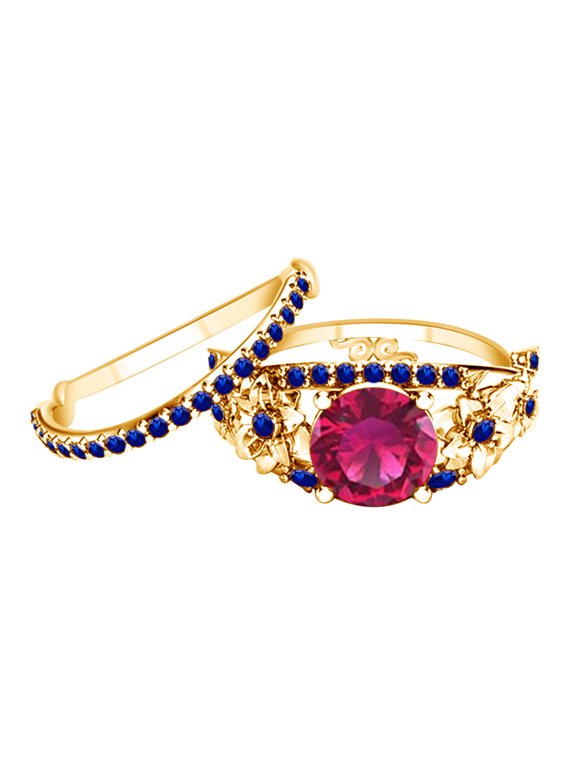 1.21 Carat Round Shape Simulated Ruby & Blue Sapphire Floral Engagement Ring 14k Solid Yellow Gold Ring Size-7.5