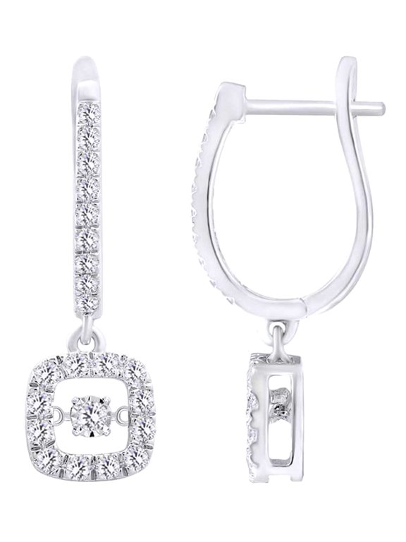 (1.25 cttw) Round Cut White Natural Dancing Diamond Square Drop Earrings In 14k White Gold