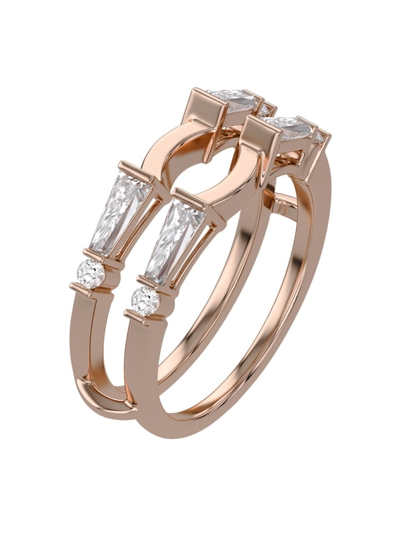 1/2Ct Lab Grown Diamond Curved Double Ring Enhancer Guard, Tapered Baguette & Round Cut, 14K Rose Gold Plated 925 Sterling Silver, Wedding Band Wrap for Engagement Ring Size-10
