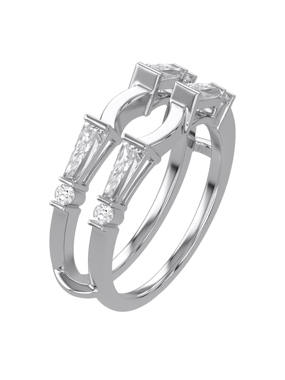 1/2Ct Lab Grown Diamond Curved Double Ring Enhancer Guard, Tapered Baguette & Round Cut, 14K White Gold Plated 925 Sterling Silver, Wedding Band Wrap for Engagement Ring Size-7