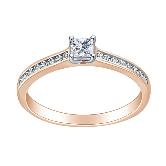 AFFY 1/3 Carat Princess & Round White Natural Diamond Solitaire Engagement Ring In 10k Solid Rose Gold (0.33 Cttw) Ring Size-7