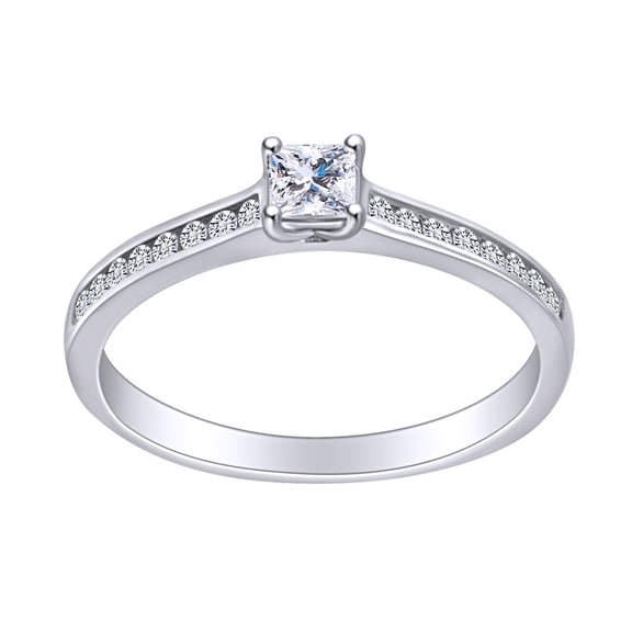 AFFY 1/3 Carat Princess & Round White Natural Diamond Solitaire Engagement Ring In 10k Solid White Gold (0.33 Cttw) Ring Size-6