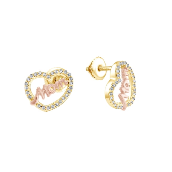 AFFY 1/3 Carat Round Cut White Natural Diamond Two Tone Mom Heart Earrings In 10K Solid Yellow Gold (I-J Color , I2-I3 Clarity ,0.33 Cttw)