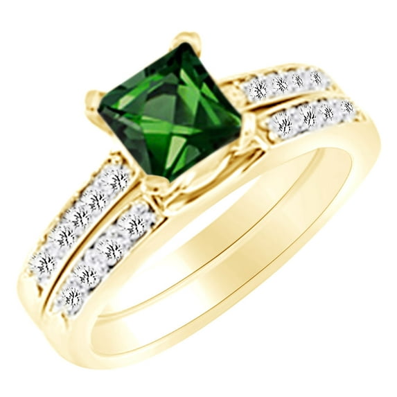 AFFY (1.35 cttw) Simulated Green Emerald & White Natural Diamond Engagement Wedding Ring Set In 14k Yellow Gold With Ring Size 10.5