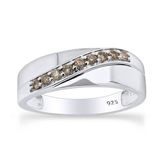 AFFY 1/4 Carat Round Brown Natural Diamond Men's Band Ring 14K White Gold Over 925 Sterling Silver