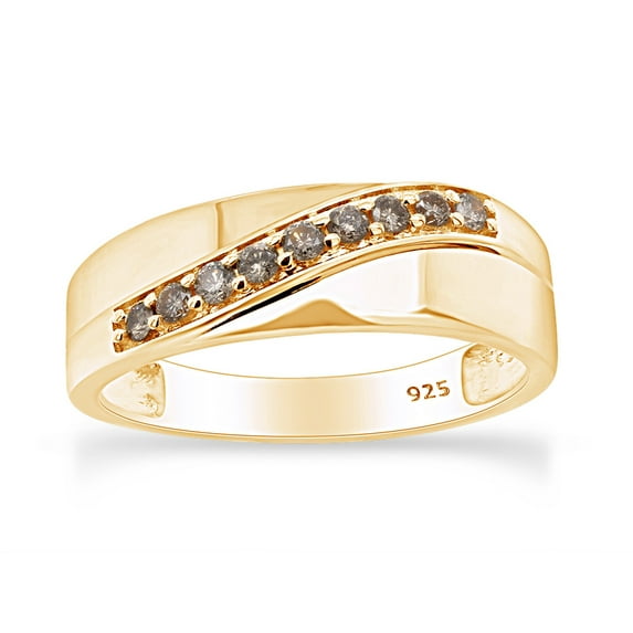 AFFY 1/4 Carat Round Brown Natural Diamond Men's Band Ring 14K Yellow Gold Over 925 Sterling Silver