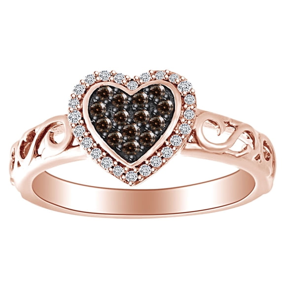 AFFY 1/4 Carat Round Cut Brown & White Natural Diamond Filigree Heart Ring 10K Solid Rose Gold (0.25 Cttw)-Ring Size-7.5