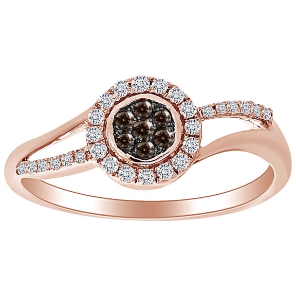 AFFY 1/4 Carat Round Cut Brown & White Natural Diamond Halo Ring 10K Solid Rose Gold (0.25 Cttw)-Ring Size-7.5