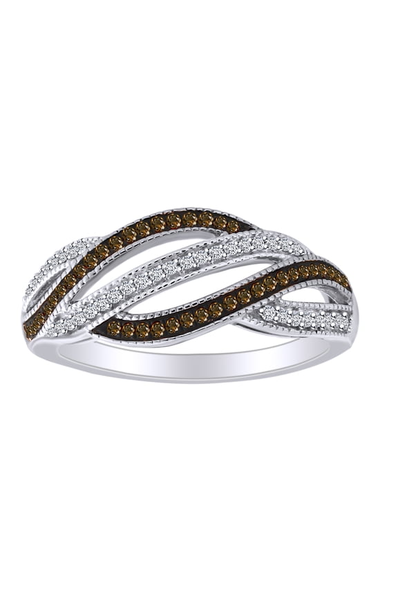 1/4 Carat Round Cut Brown & White Natural Diamond Swirl Statement Band Ring In 10K Solid White Gold (0.25 Cttw) Ring Size-6.5