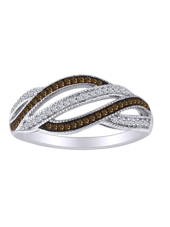 1/4 Carat Round Cut Brown & White Natural Diamond Swirl Statement Band Ring In 10K Solid White Gold (0.25 Cttw) Ring Size-8
