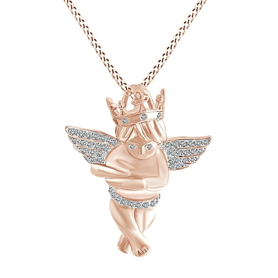 AFFY 1/4 Carat Round Shape White Natural Diamond Angel Pendant Necklace 14k Rose Gold Over Sterling Silver (0.25 Cttw)