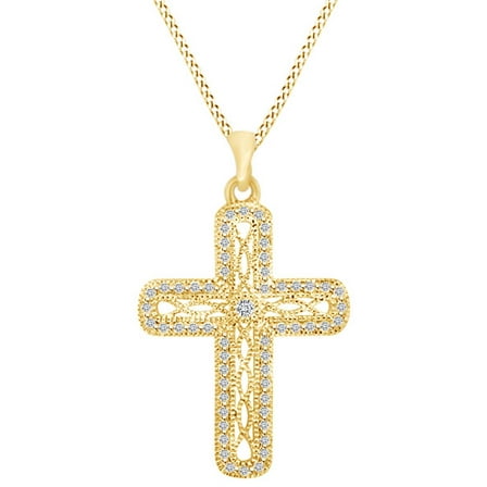 AFFY 1/4 Carat Round Shape White Natural Diamond Cross Pendant Necklace In 925 Sterling Silver (0.25 Cttw)