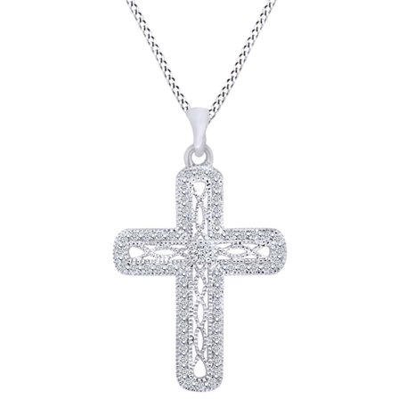 AFFY 1/4 Carat Round Shape White Natural Diamond Cross Pendant Necklace In 925 Sterling Silver (0.25 Cttw)