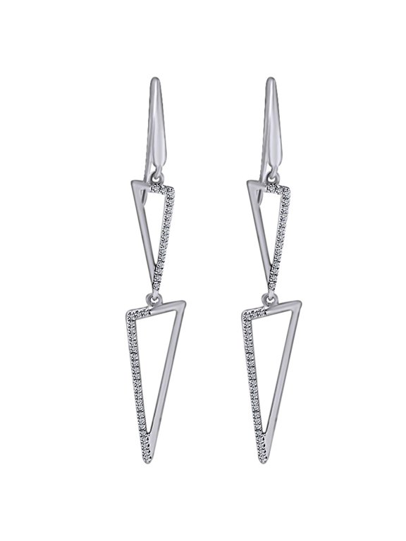 1/4 Carat Round White Natural Diamond Triangle Dangle Earrings In 18K Solid White Gold