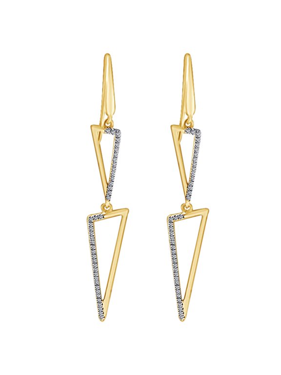 1/4 Carat Round White Natural Diamond Triangle Dangle Earrings In 18K Solid Yellow Gold